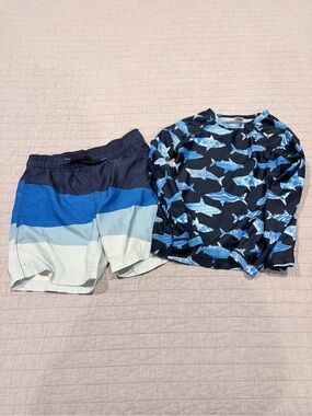 Old Navy Shark Rash Guard Swim Set - Long Sleeve Top & Striped Shorts 4T